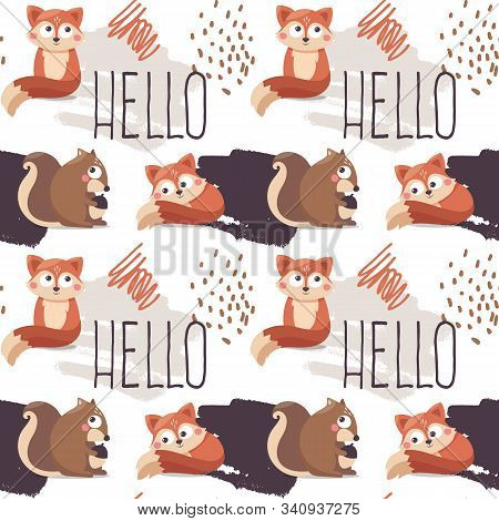 Seamless Cute Pattern Fox Squirrel Acorn Hello, Postcard