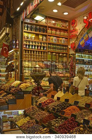Istanbul, Turkey - September 6th 2019. Tourists Shop For Spices, Teas And Dried Fruit In The Histori