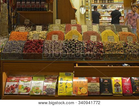 Istanbul, Turkey - September 6th 2019. A Display Of Teas And Spices Outside A Shop In The Historic E