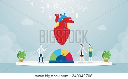 Hypertension Human Heart With Team Doctor Analyze Disease With Modern Flat Style - Vector Illustrati
