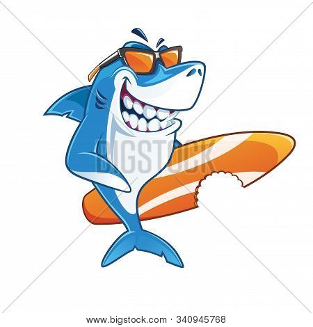 Smiling Shark Surfer Cartoon Character Holding Surfboard