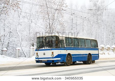 Ufa, Russia - January 13, 2010: Classic Soviet City Bus Laz 695n Lvov At The Background Of A Snow Co