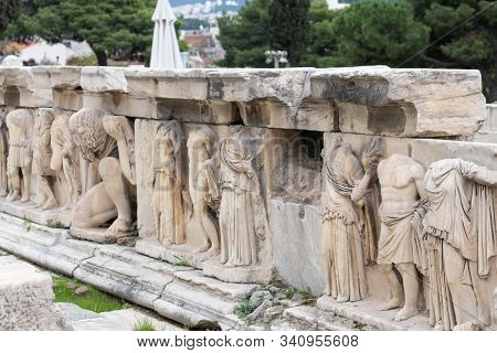 Old Ancient Marble Figures In The Teathre Of Dionysus In Athens Greece, Acropoli Museum