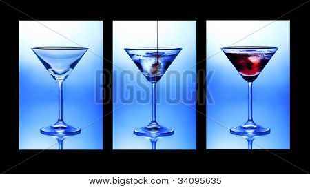 Cocktail Triptyykki. Lähikuva kolmen lasit osoittaa vaiheet kaatamalla cocktail.