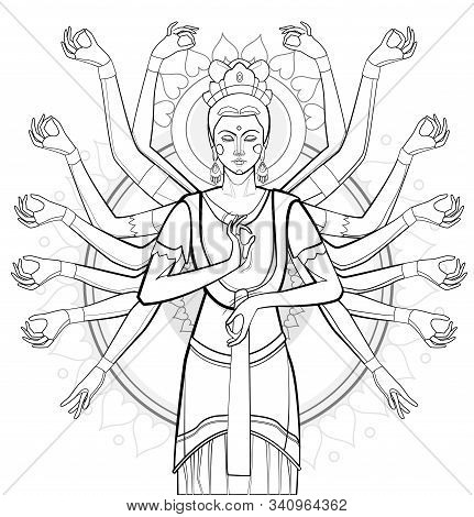 A Figure Of A Buddhist Goddess With Thousands Of Hands. Asian God, Zen Yoga