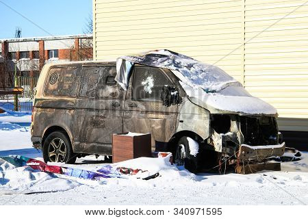 Novyy Urengoy, Russia - March 7, 2016: Burnt Armoured Encashment Truck Volkswagen Transporter In The