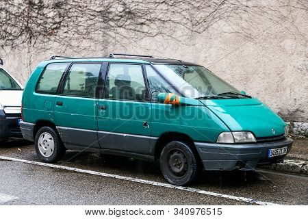 Grenoble, France - March 14, 2019: Green Van Renault Espace In The City Street.