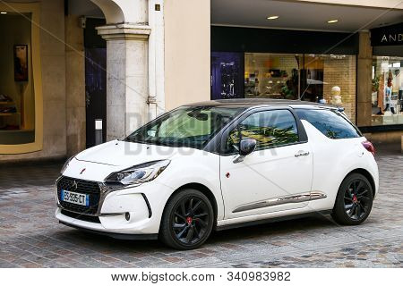 Reims, France - September 16, 2019: White Minicar Ds 3 In The City Street.