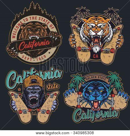 Vintage Angry Animals And Skateboarding Prints With Aggressive Ferocious Grizzly Tiger Gorilla Black