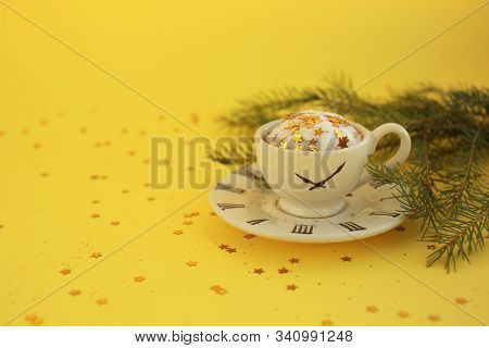 Ceramic White Cup With Glitter Stars Inside And Small Saucer With Clock Face Icon, Evergreen Tree Br