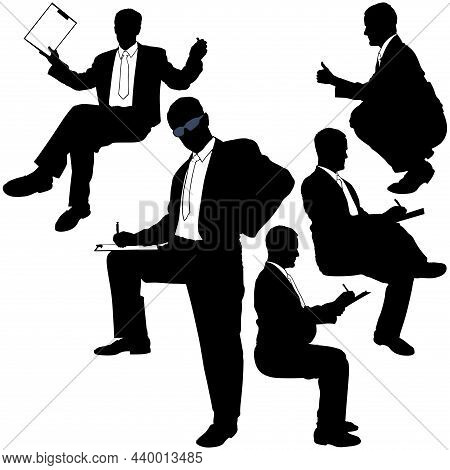 Set Of Businessman Silhouettes - Black Illustrations Isolated On White Background, Vector