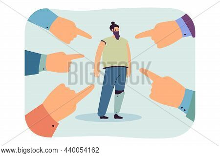 Hands With Index Fingers Pointing At Man With Artificial Leg. Person Living With Disability In Socie