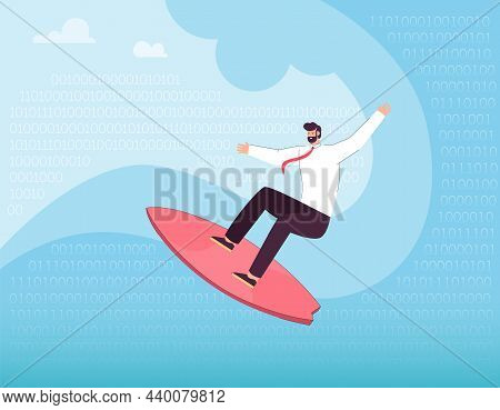 Businessman Surfing In Digital Waves Of Numbers And Binary Codes. Man Exploring Virtual Space In Sea