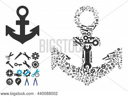 Repair Service Anchor Collage Of Service Tools. Vector Anchor Is Done From Gears, Wrenches, And Othe
