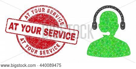Low-poly Polygonal Call Center Operator 2d Illustration With At Your Service Unclean Seal Imitation.