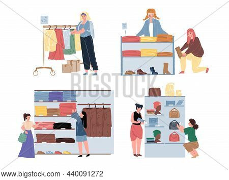 Set Of Vector Flat Cartoon Characters In Clothing Store.customers Looking, Choosing And Buying Cloth