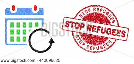 Lowpoly Polygonal Calendar Rollback Icon Illustration With Stop Refugees Dirty Stamp Seal. Red Stamp