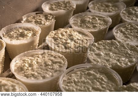 Process Of Making Fresh White Soft Ricotta Whey Cheese On Small Cheese Farm In Parma, Italy