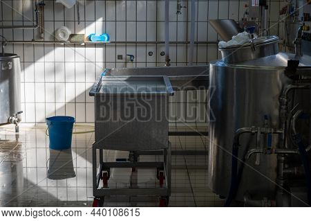 Process Of Making Fresh White Soft Ricotta Whey Cheese On Small Cheese Farm In Parma, Italy