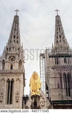 Close Up On The Gothic Clocktower Of Zagrebacka Katedrala, Or Zagreb Cathedral, In Afternoon From Ka