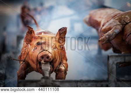 Selective Blur On The Head Of A Roasted Pig, A Young One, On A Traditional Grill Of Serbia, In The B