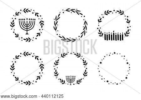 Hanukkah Floral Wreath With Menorah, Candle Vector Illustration Set. Jewish Holiday Chanukah Typogra