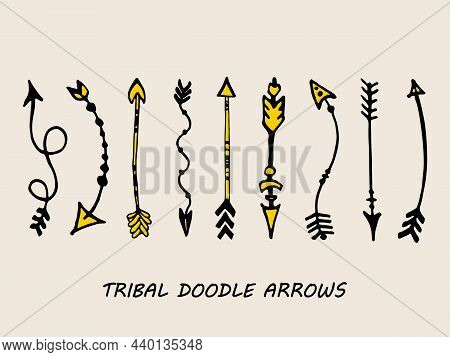 Tribal Arrows Set, Hand Drawn Background. Sketchy Pattern, Arrow Icons Collection On White. Hipster 