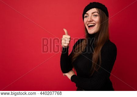 Photo Of Adult Positive Happy Beautiful Brunette Female Person With Sincere Emotions Wearing Black R