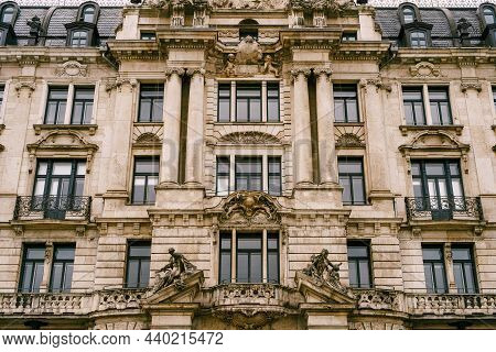 Statues Near The Windows In The Palace Of Justice. Munich, Bavaria