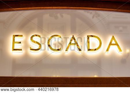 Moscow, Russia - August 10, 2021: Escada Retail Shop Logo Singboard On The Storefront In The Shoppin