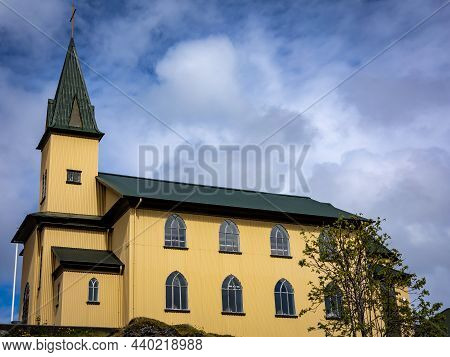 Hafnarfjordur, Iceland - July 17, 2021:
A Frikirkjan Church In The Town Center. Traditional Icelandi