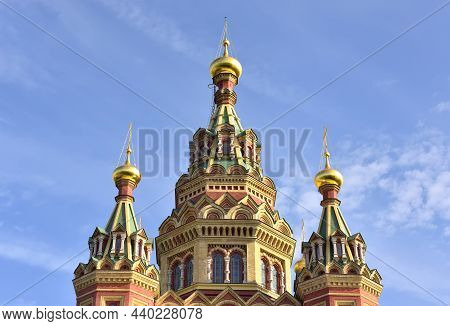 Kolonistsky Park In Peterhof. Fragment Of The Brick Facade Of The Cathedral Of Saints Peter And Paul