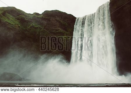 Scogafoss Waterfall In Iceland. Travel Summer Nordic Concept. Natural Icelandic Background.