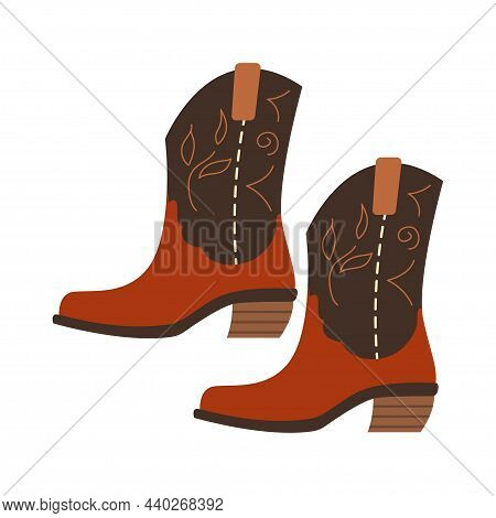 Pair Of Trendy Cowboy Boots In Bohemian Style. Suede Fashionable Shoes For Women. Flat Cartoon Vecto