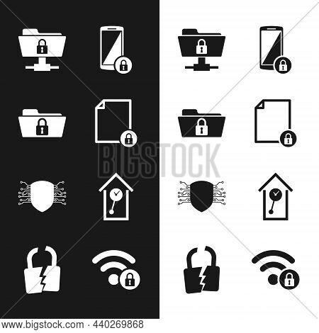 Set Document And Lock, Folder, Ftp Folder, Smartphone With, Cyber Security And Retro Wall Watch Icon