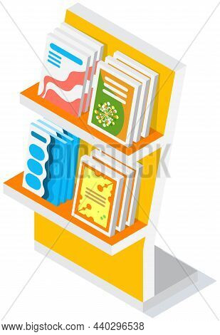 Book Shelf With Books Or Brochures, Promotional Items Or Samples. Bookstore Traiding Equipment, Exhi