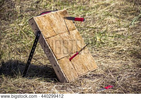 A Wooden Target And Throwing Knives