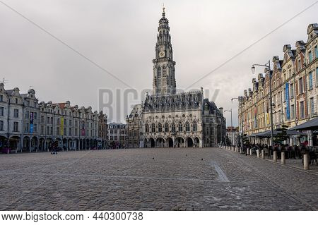 Arras, France - November 4, 2021: Town Square Of Arras, France. Unesco World Heritage Site, The Belf