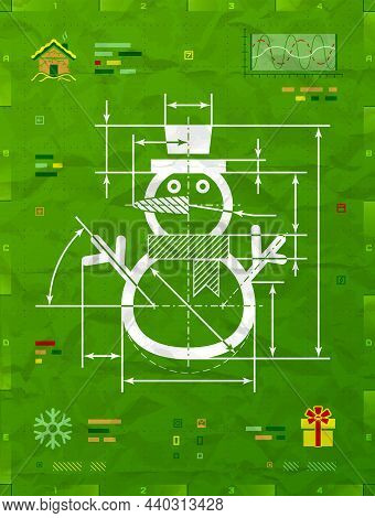 Christmas Snowman Symbol As Technical Blueprint Drawing. Drafting Of Winter Snowperson On Crumpled P
