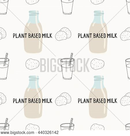Vegan Plant Based Potato Milk Seamless Pattern On White Background