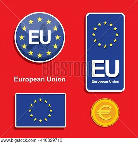 European Union Flag Concept Badge, Tag And Currency Symbols Vector Illustration