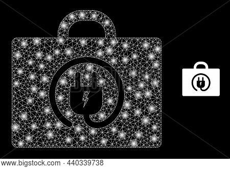 Glossy Polygonal Mesh Net Electric Plug Box Icon With Glow Effect On A Black Background. Network Ele