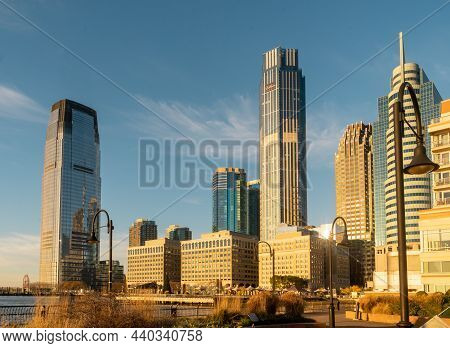 Jersey City, Nj - Usa - Nov. 14, 2021: Horizontal Sunrise View Of Jersey City's Exchange Place, It's