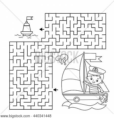 Maze Or Labyrinth Game. Puzzle. Coloring Page Outline Of Cartoon Sail Ship With Sailor. Profession. 