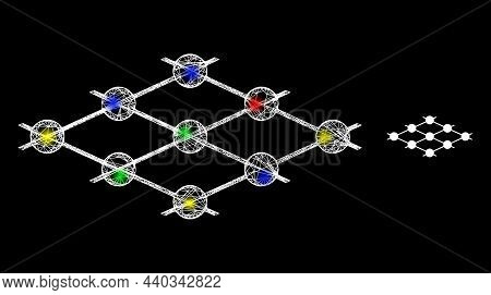 Glossy Crossing Mesh Grid Layer Nodes Icon With Glare Effect On A Dark Background. Light Multicolore