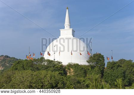 Ancient Buddhist Stupa Of Mahaseya Dagoba Against The Blue Sky. Mihintale, Sri Lanka