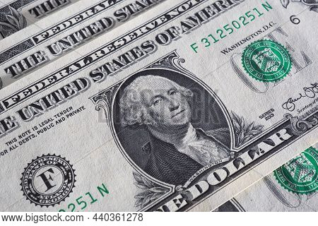 American Money Close Up. 1 Us Dollar Bills With Textured Paper Surface. Economy And Business Of The 