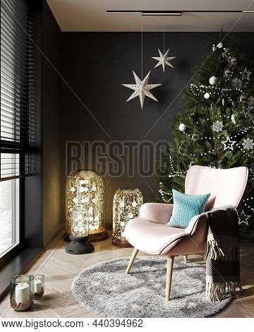 Christmas Interior With Cozy Armchair, Christmas Tree, Lights, Twinkle, Candles And Stars. New Year 