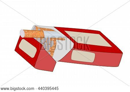 Opened Pack Of Cigarettes Isolated On White Background. Open Cigarettes Packet. Red Tobacco Product 
