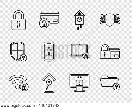 Set Line Wifi Locked, Folder And, Retro Wall Watch, Lock, Smartphone With, Monitor And Credit Card I